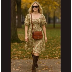 JUST FOUND Floral Milkmaid Cottagecore Peasant Dress Large Square Neck Boho